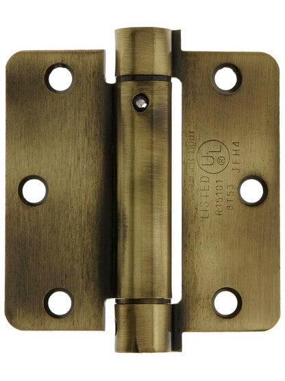 3 1/2 inch Spring Hinge With 1/4 inch Radius Corners Antique Brass.